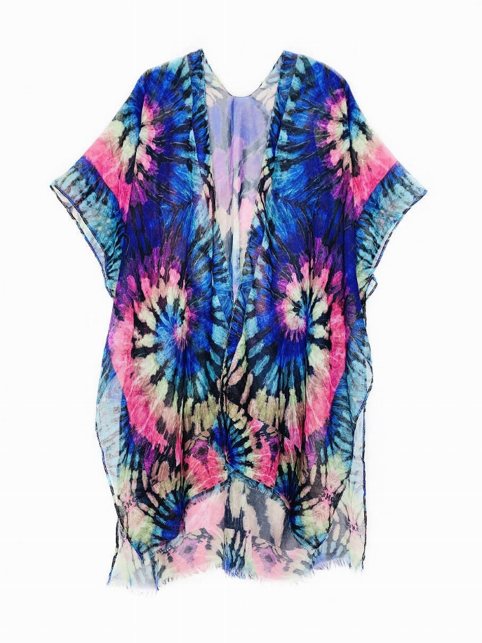 Draped tie-dye kimono with open front, wide sleeves, blue and pink burst print