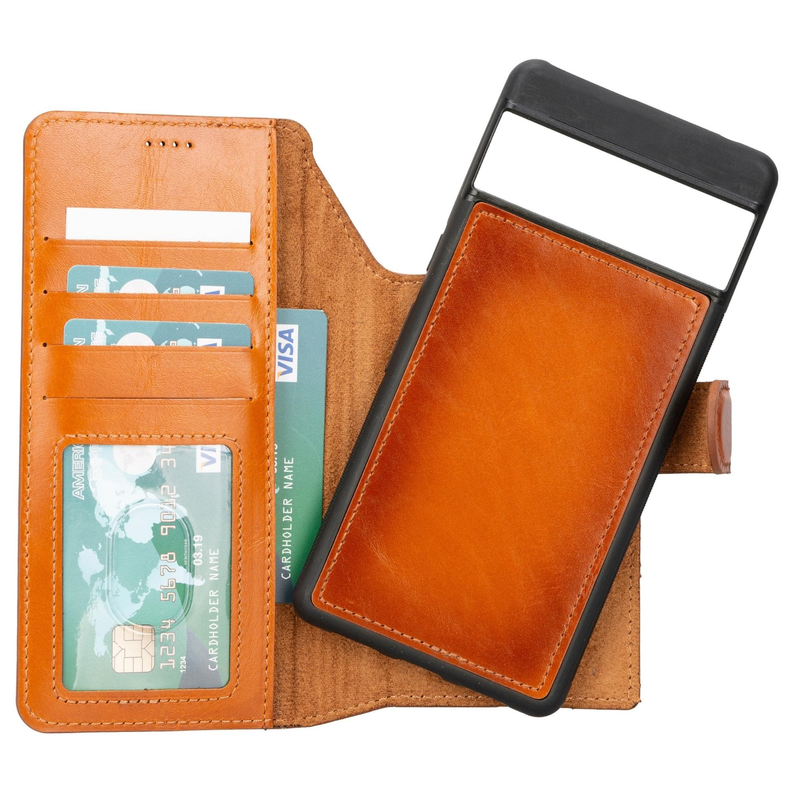 Tan leather detachable wallet phone case with card slots and clear window