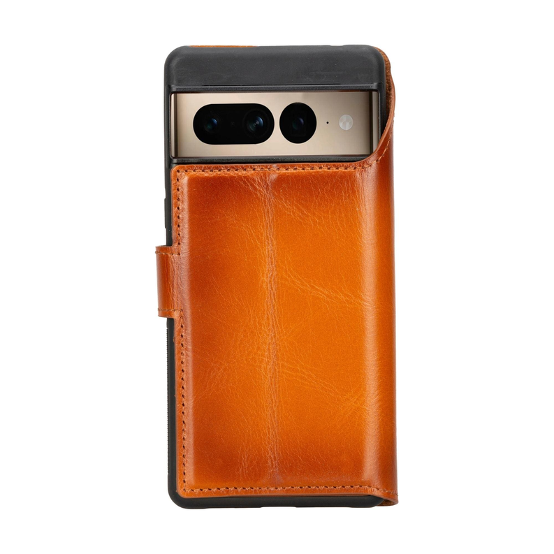 Tan leather wallet phone case with camera cutouts on the phone back