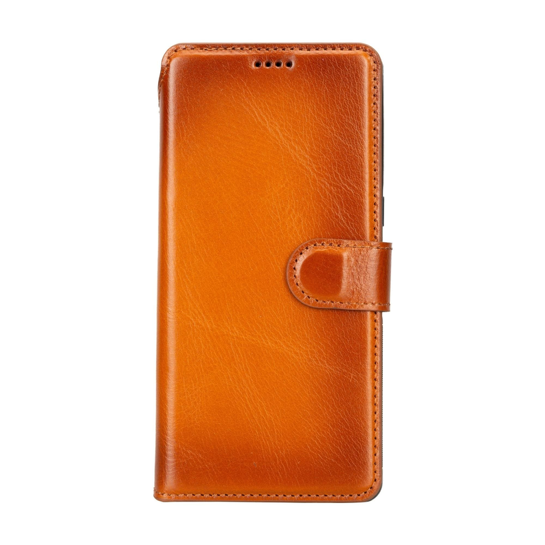 Tan leather wallet phone case with fold-over strap and top perforation