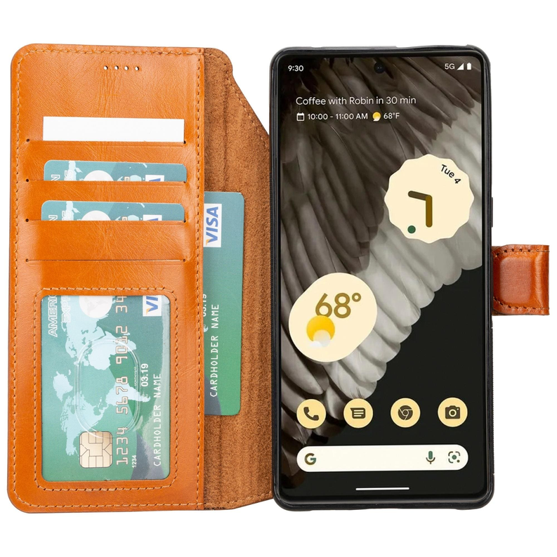 Tan leather wallet phone case with card slots, ID window, and phone front