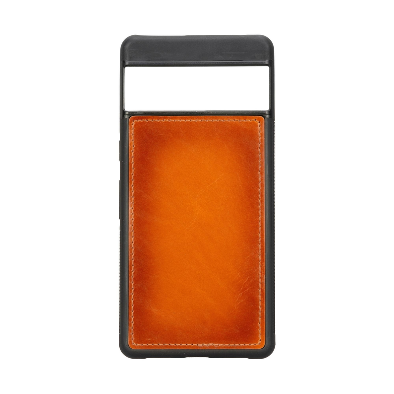 Tan leather wallet phone case with clear top window and stitched border