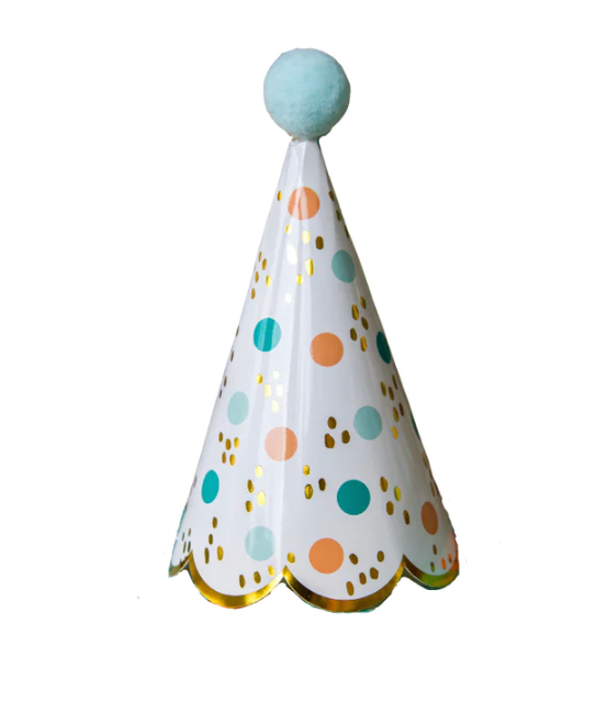 White cone party hat with light blue pom-pom and colorful polka dots, standalone