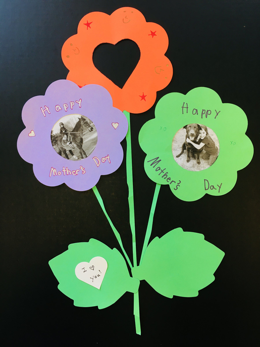 Green, pink, and orange flower cut-outs on sticks with Mother's Day photo circles
