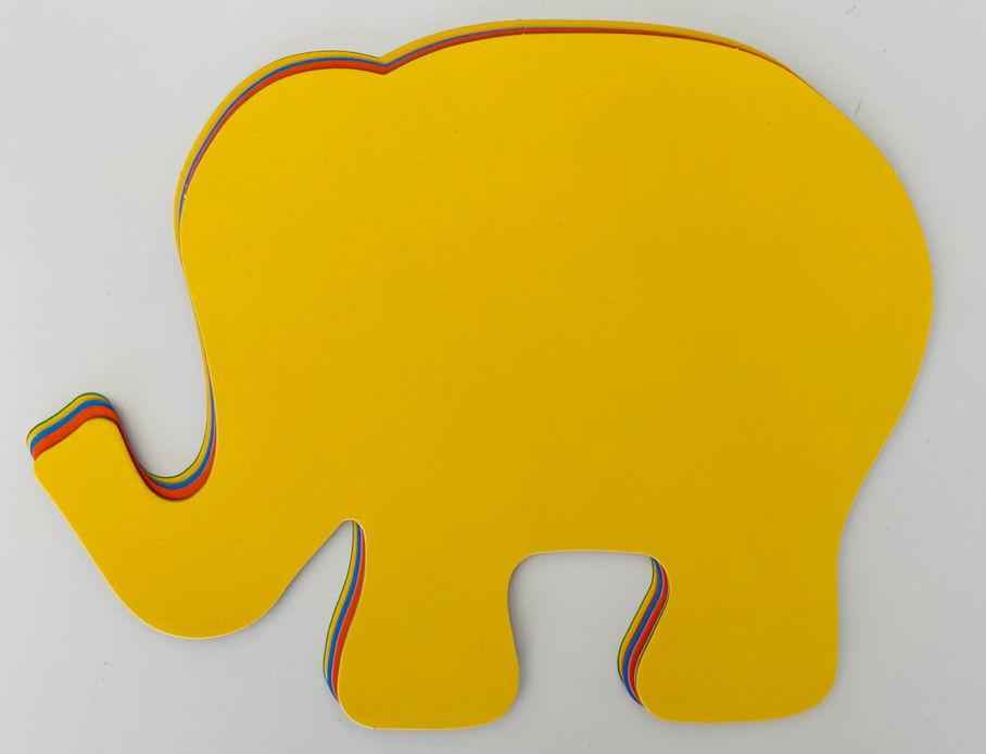 Yellow elephant-shaped craft cut-out with multicolor outline and white feet openings