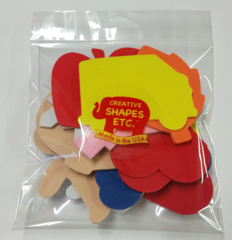 Assorted adhesive foam cut-out shapes pack in clear bag, colorful figures inside