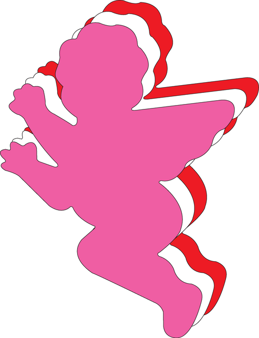 Tri-color cupid cut-out silhouette with pink figure and red accents