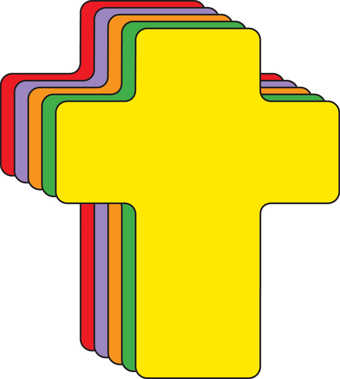 Colorful foam cross cut-outs stacked, bright yellow, green, red, orange, and purple crosses