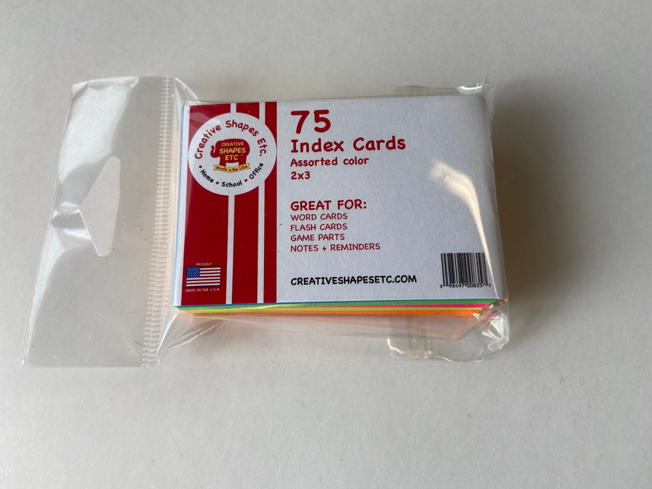 Pack of 75 blank index cards, 2x3, assorted colors in clear retail wrapper