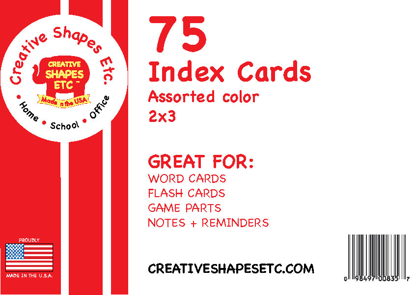 Retail package for 75 blank index cards, assorted color, 2x3 size