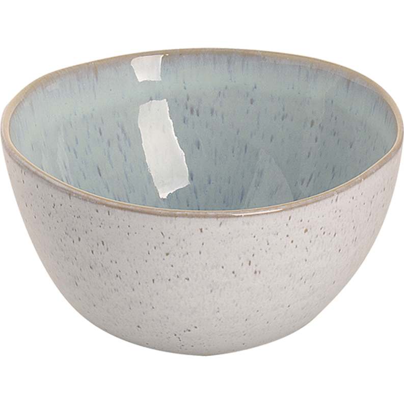 Porcelain cereal bowl with speckled white exterior and light blue interior