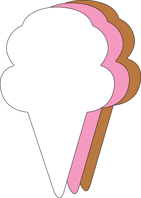 Tri-color ice cream cone cut-out set with white, pink, and brown scalloped edges