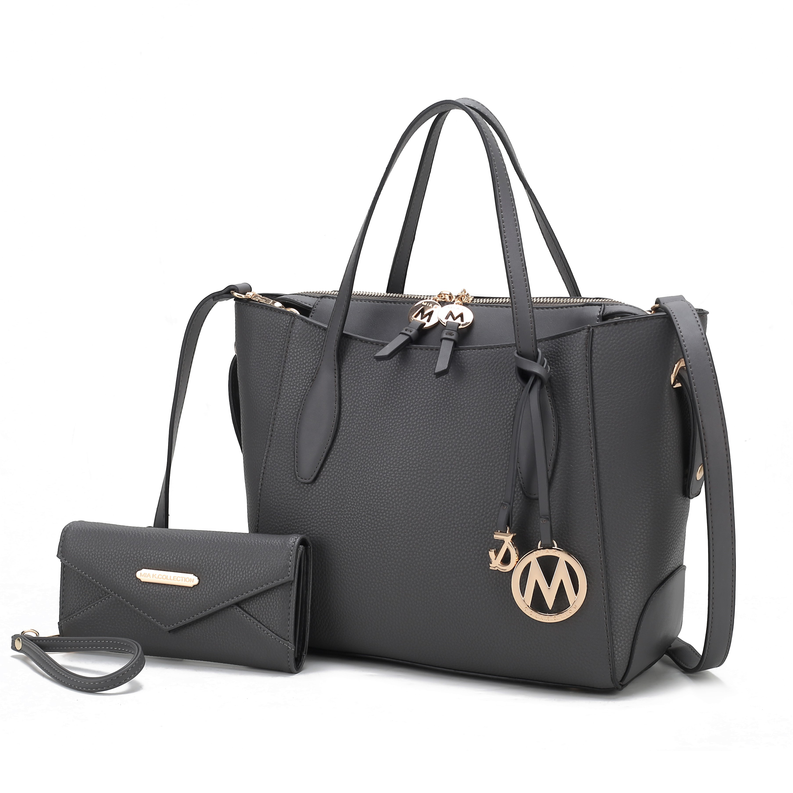 Dark vegan leather tote bag with zip wallet, front logo charm and side straps
