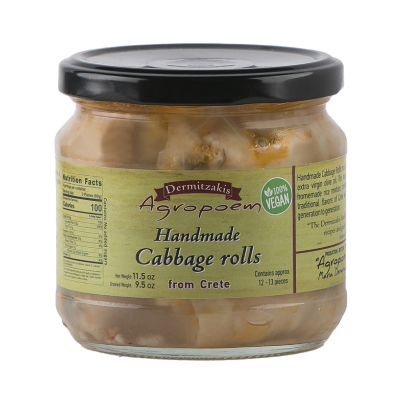 Jar of handmade cabbage rolls with pale filling, green Agropoem label, from Crete