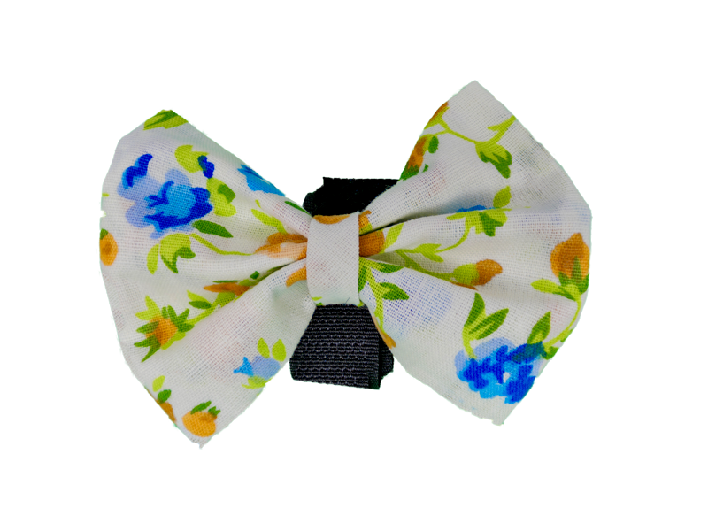 Floral print bow ribbon with black center knot and band