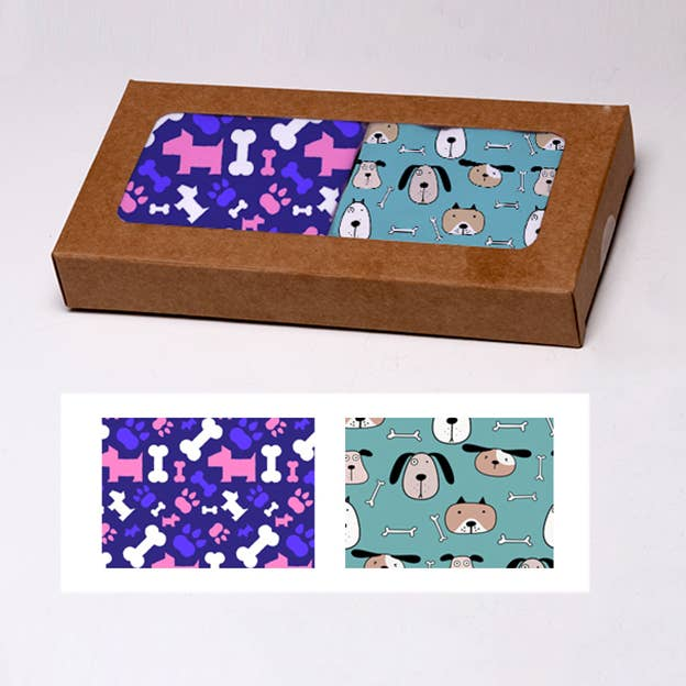 Dog face mask gift box with purple bone print mask and blue dog print mask