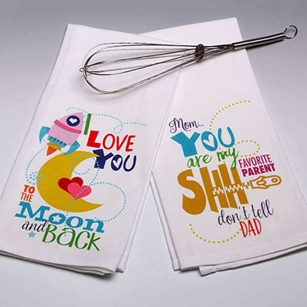 Set of two white hand towels with colorful “Love you” and “Favorite Parent” prints