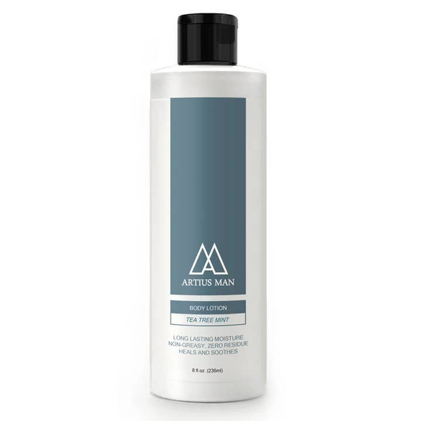 Soothing body lotion bottle, tea tree mint; white bottle with black cap