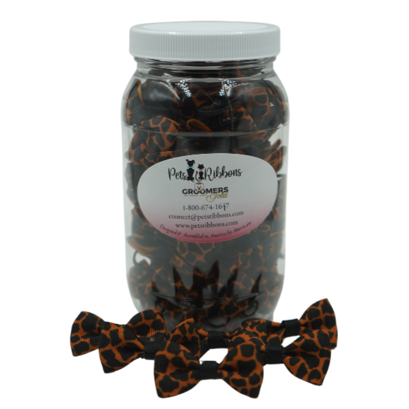 Jar of leopard-print pet bow ties for dogs and cats, orange and black