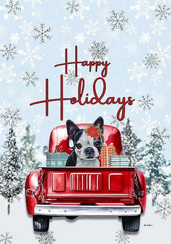 Boston terrier in red holiday truck garden flag with 'Happy Holidays' and snowflakes