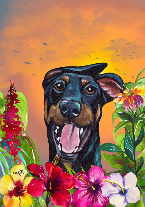 Tropical Doberman garden flag with smiling black-and-tan dog face, flowers and leaves