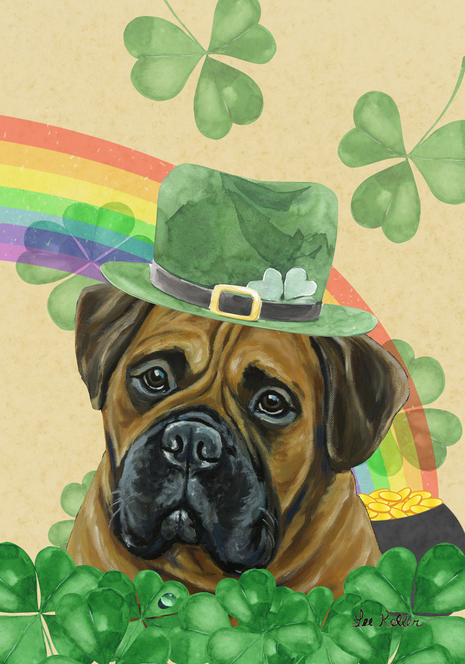 Garden flag featuring a bull mastiff wearing a green St. Patrick hat, shamrocks and rainbow