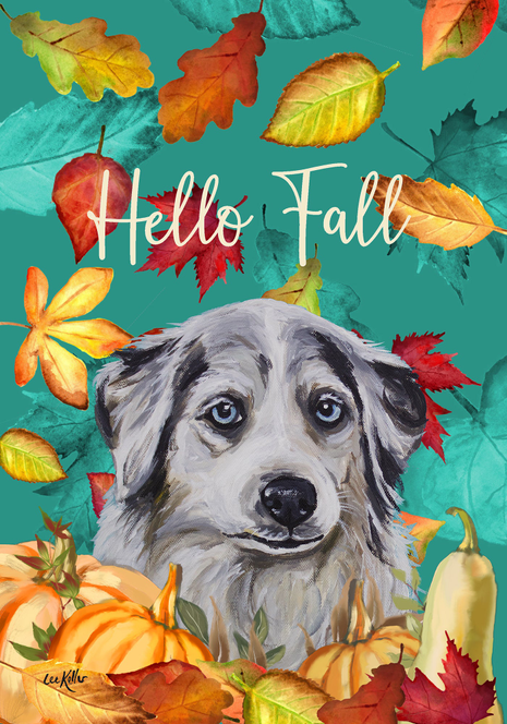 Fall garden flag with Australian Shepherd portrait and colorful autumn leaves, 'Hello Fall'.