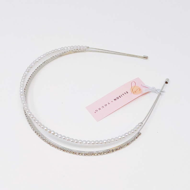 Pearl and rhinestone duo headband with two silver-tone wire loops