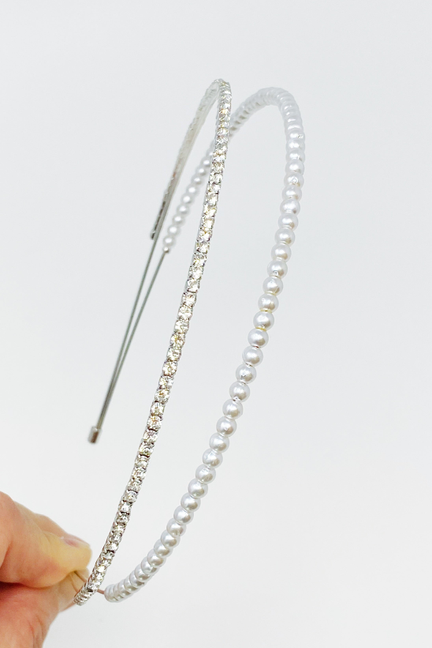 Pearl and rhinestone headband with silver-tone prongs and double rows