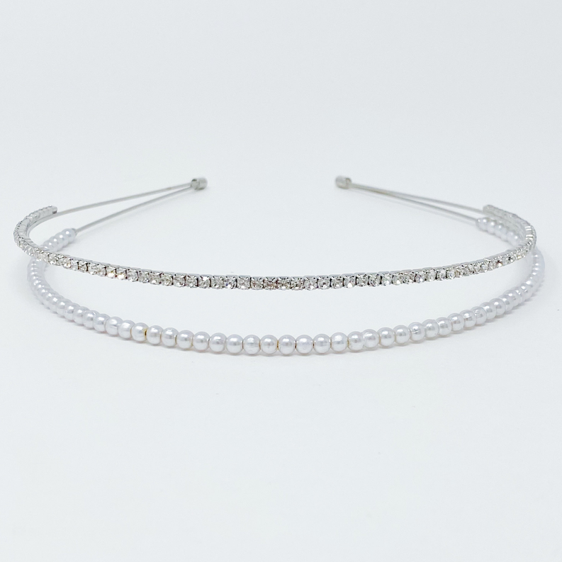 Pearl and rhinestone duo headband with pearl strand and crystal sparkle row