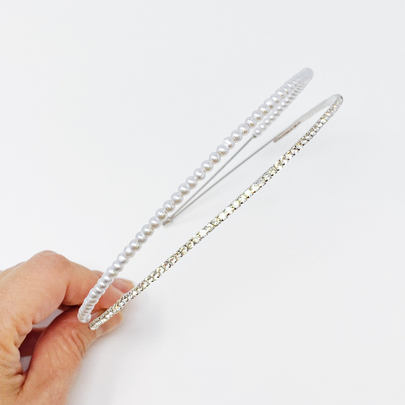 Pearl and rhinestone headband with double rows of beads and crystals