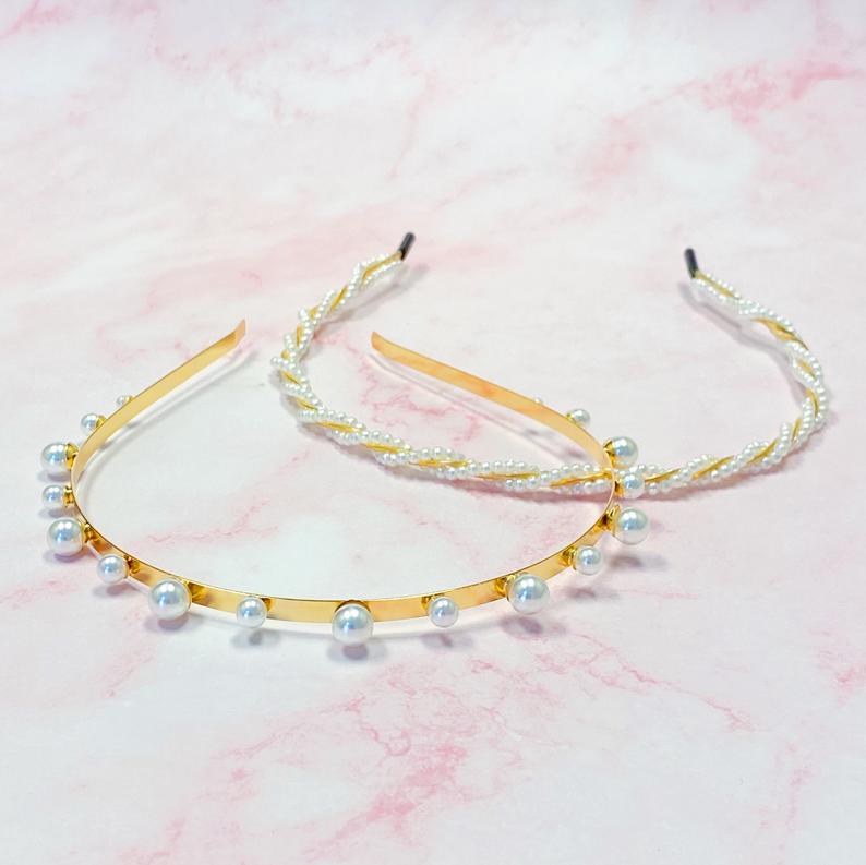 Set of pearl headbands: gold-tone band with white bead trim and pearl details