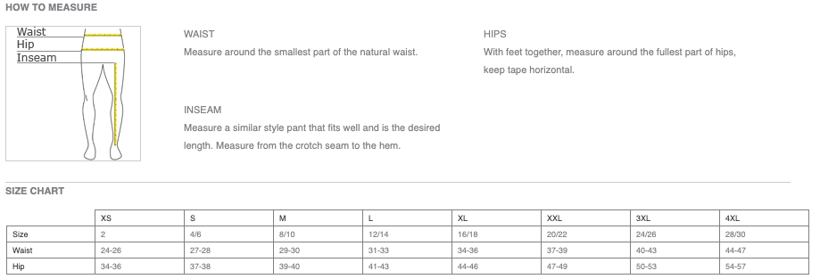 Ladies leggings size chart with waist, hip, and inseam measurements