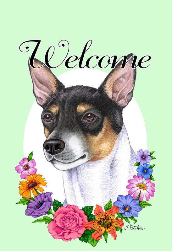 Garden flag featuring a rat terrier with “Welcome” and colorful flowers wreath