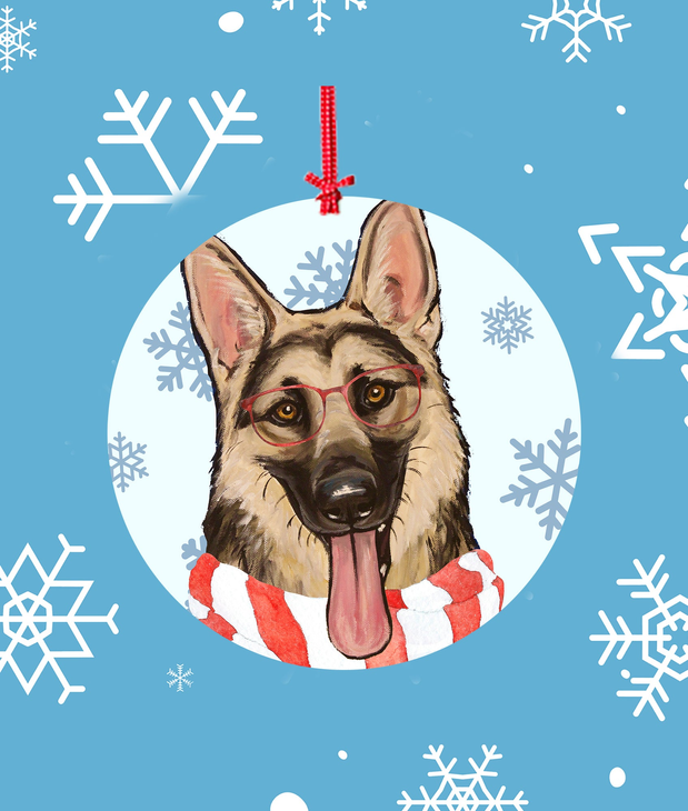 German Shepherd Christmas tree ornament by Hippie Hound Studios, round dog face with scarf
