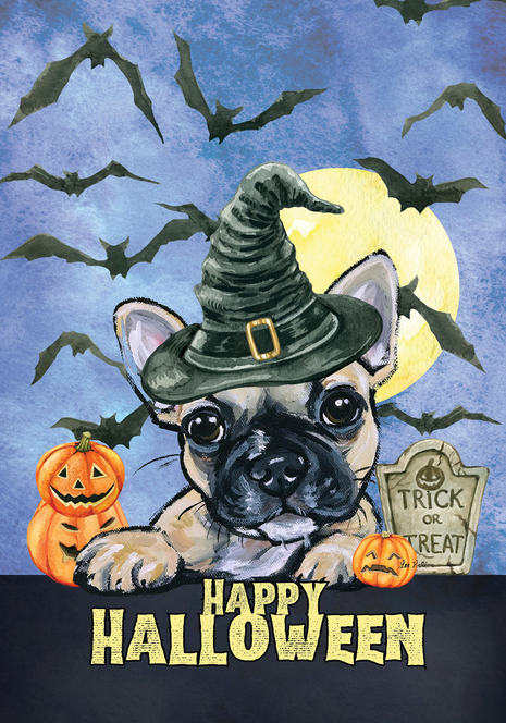 Halloween garden flag with black French bulldog in witch hat, pumpkins, and “Happy Halloween”