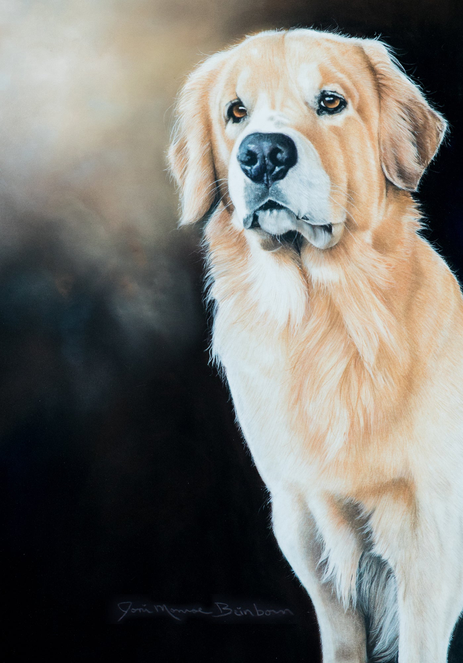 Golden retriever portrait garden flag with smiling light tan dog and black nose
