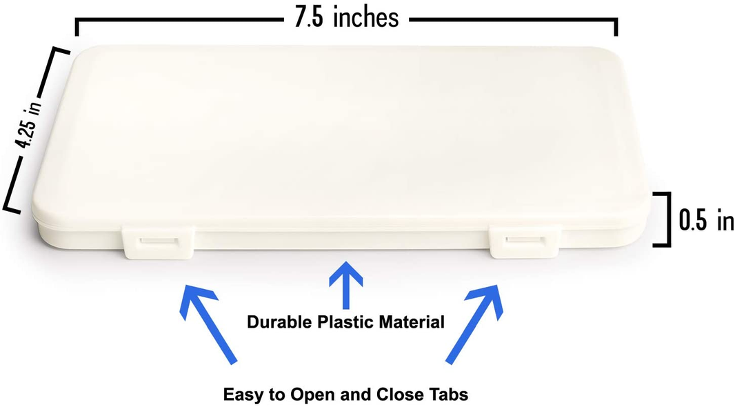 Face mask storage case, white plastic with 7.5 in length and 0.5 in depth tabs.