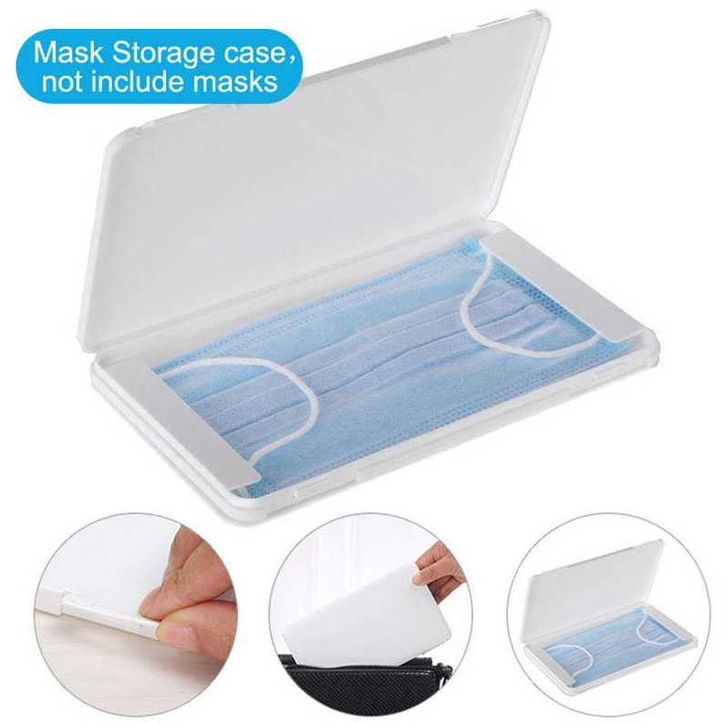 Face mask storage case open, holds folded blue disposable masks inside a white box.