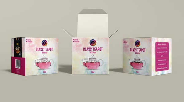 Glass teapot with infuser and lid box packaging, 20 oz.