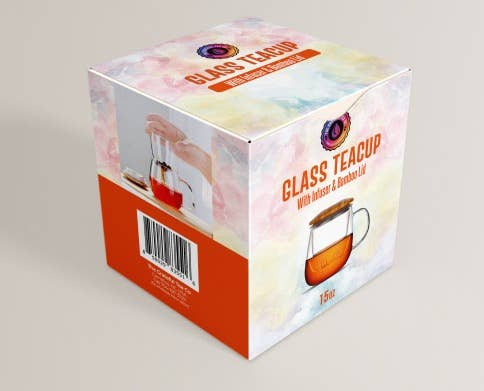 Glass teacup with infuser and bamboo lid 15oz box showing cup and tea infuser