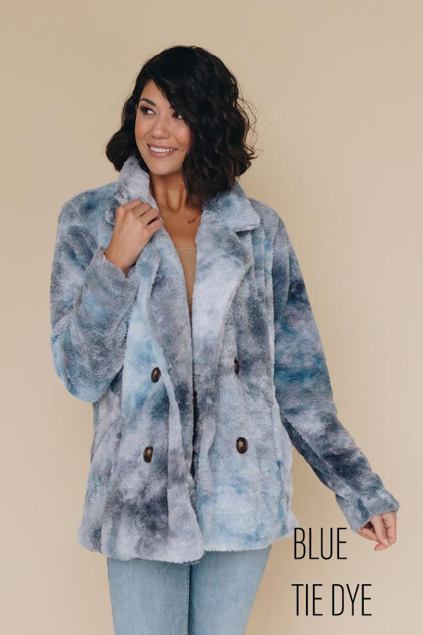 Blue tie-dye fleece coat with button front, cozy fuzzy texture, and long sleeves