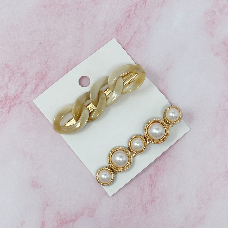 Milky marble chain and pearl hair clip set of 2, gold-tone clips with round pearls