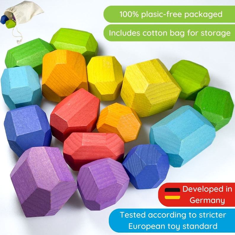 Multicolor wooden balancing stones with a cotton storage bag included
