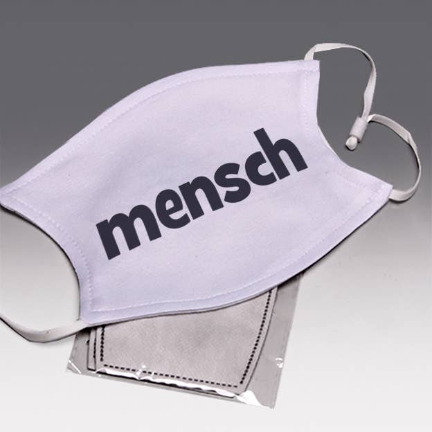 Adjustable Mensch face mask: white with mensch logo and ear-loop ties