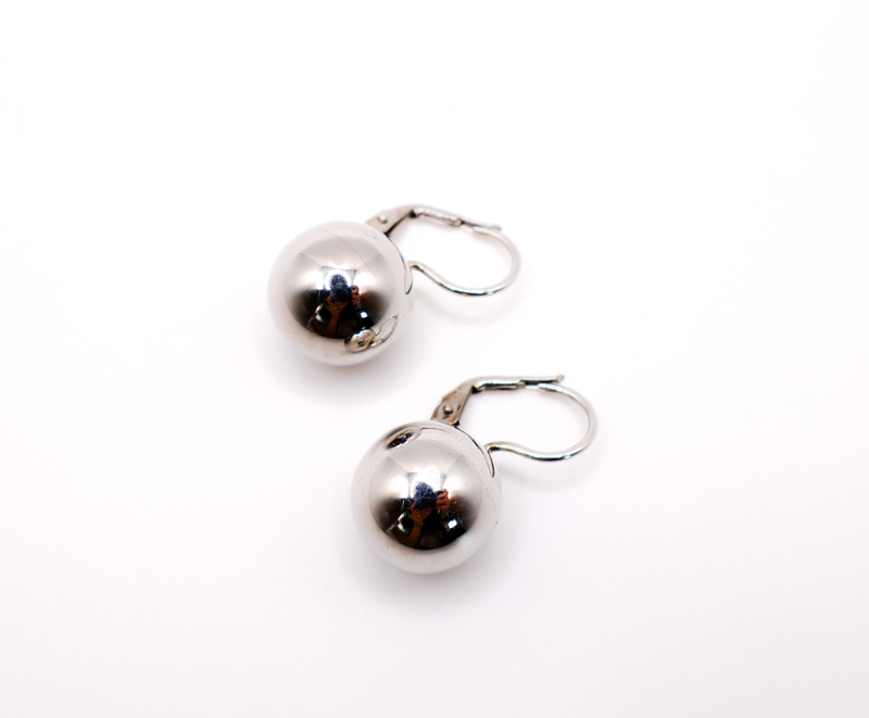 Silver sphere earwire earrings with reflective round ball drops and metal hoops
