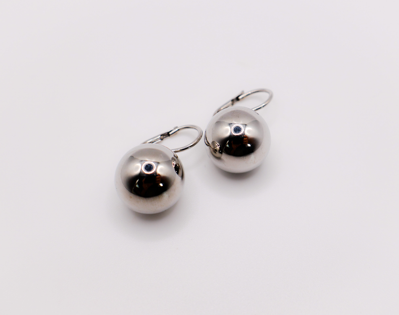 Silver sphere earwire earrings, two shiny ball drops with metal hoop wires