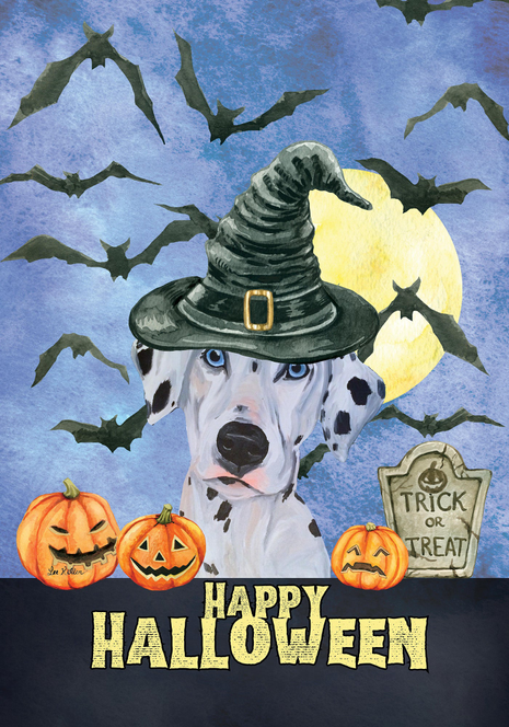 Halloween garden flag with dalmatian wearing a black witch hat and pumpkins