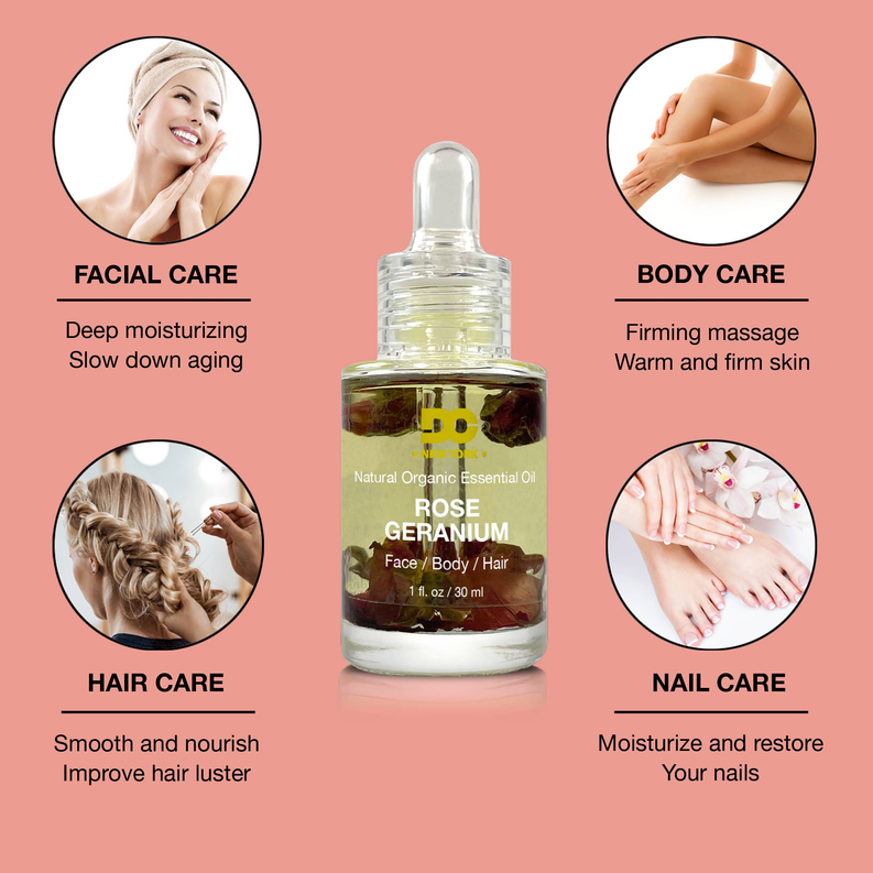 Rose geranium essential oil bottle, clear glass with dropper, face body hair label