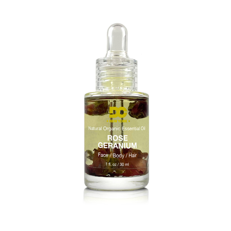 Rose geranium essential oil bottle, clear glass dropper with gold label